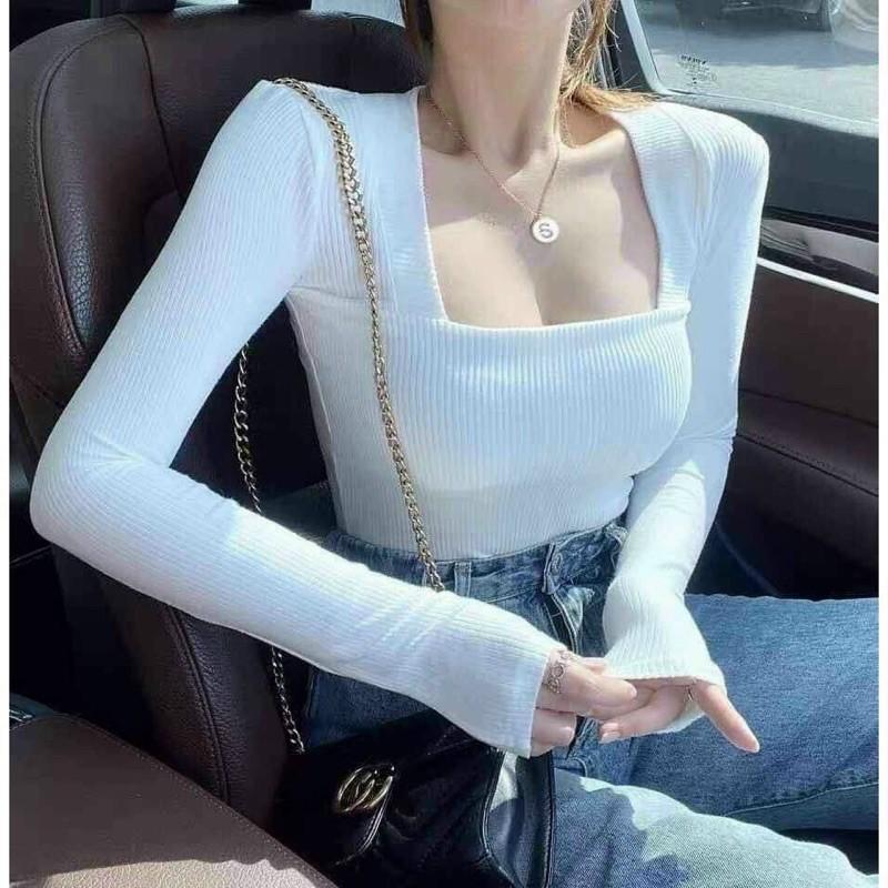 Áo croptop cổ vuông tay dài chất thun borip cao cấp -N