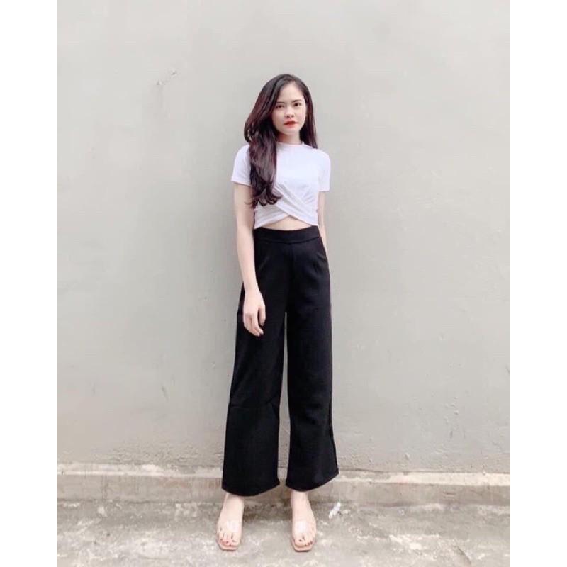 Áo croptop xoắn eo zip cotton 2 màu đen trắng