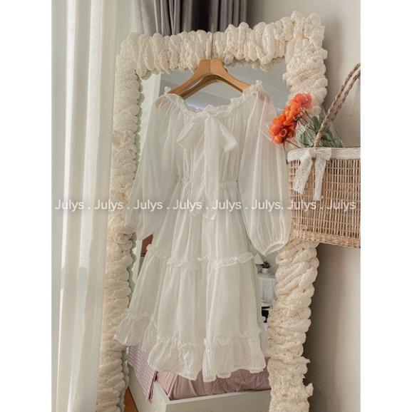 váy trễ vai trắng tay bồng dáng dài, đầm trễ vai tiểu thư dự tiệc chất đẹp, ulzzang xinh xắn