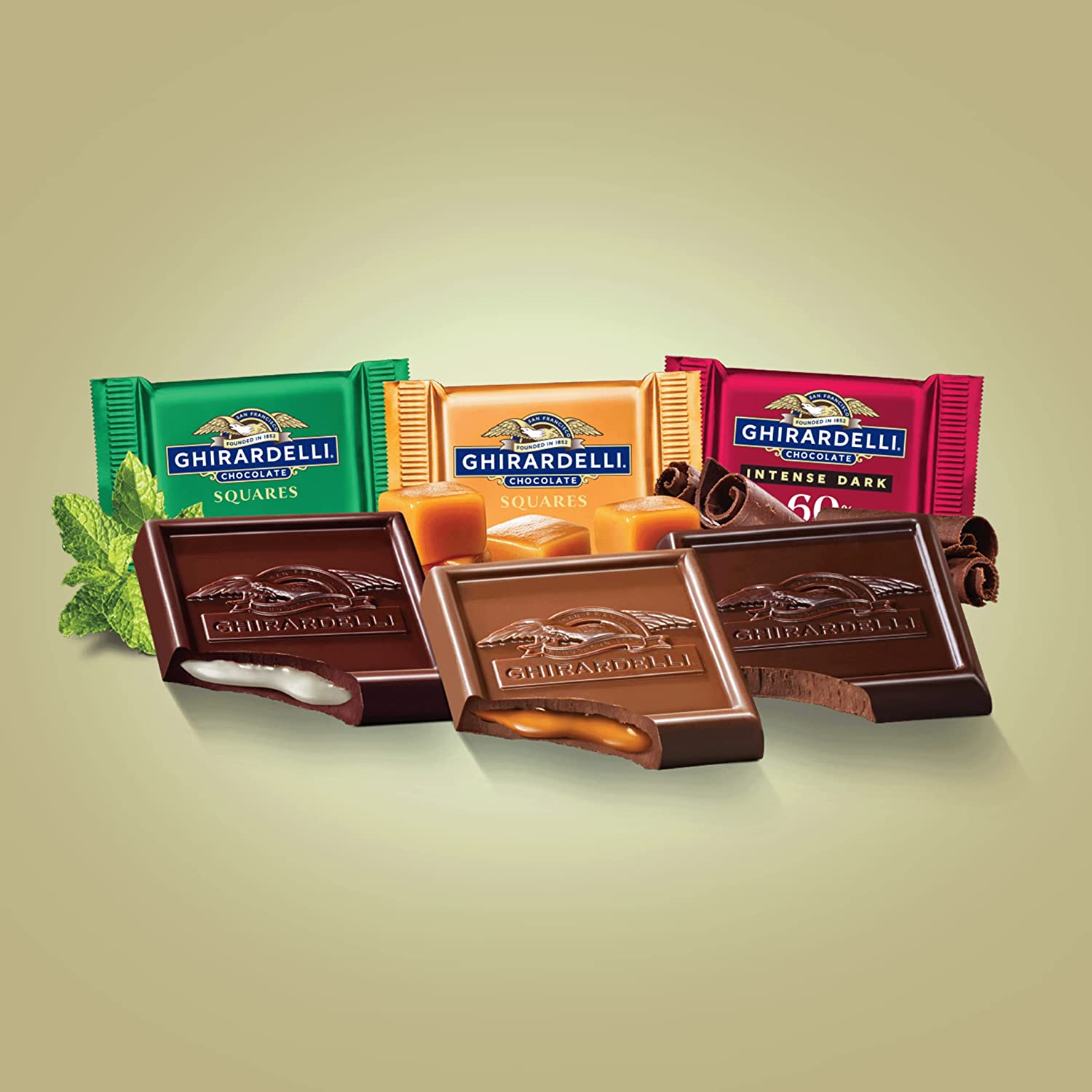 TÚI 3 LOẠI SOCOLA ĐEN - SỮA MIẾNG VUÔNG (Bạc hà Mint, Caramel, 60% Cacao) GHIRARDELLI Assorted Chocolate Squares, 137,6g