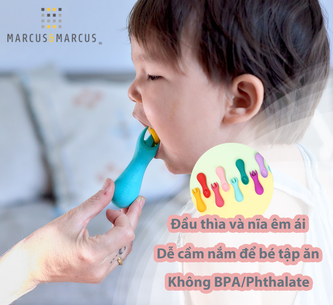 Bộ thìa nĩa tập ăn silicon cho bé Palm Grasp Marcus &amp; Marcus, từ 12 tháng - Ollie