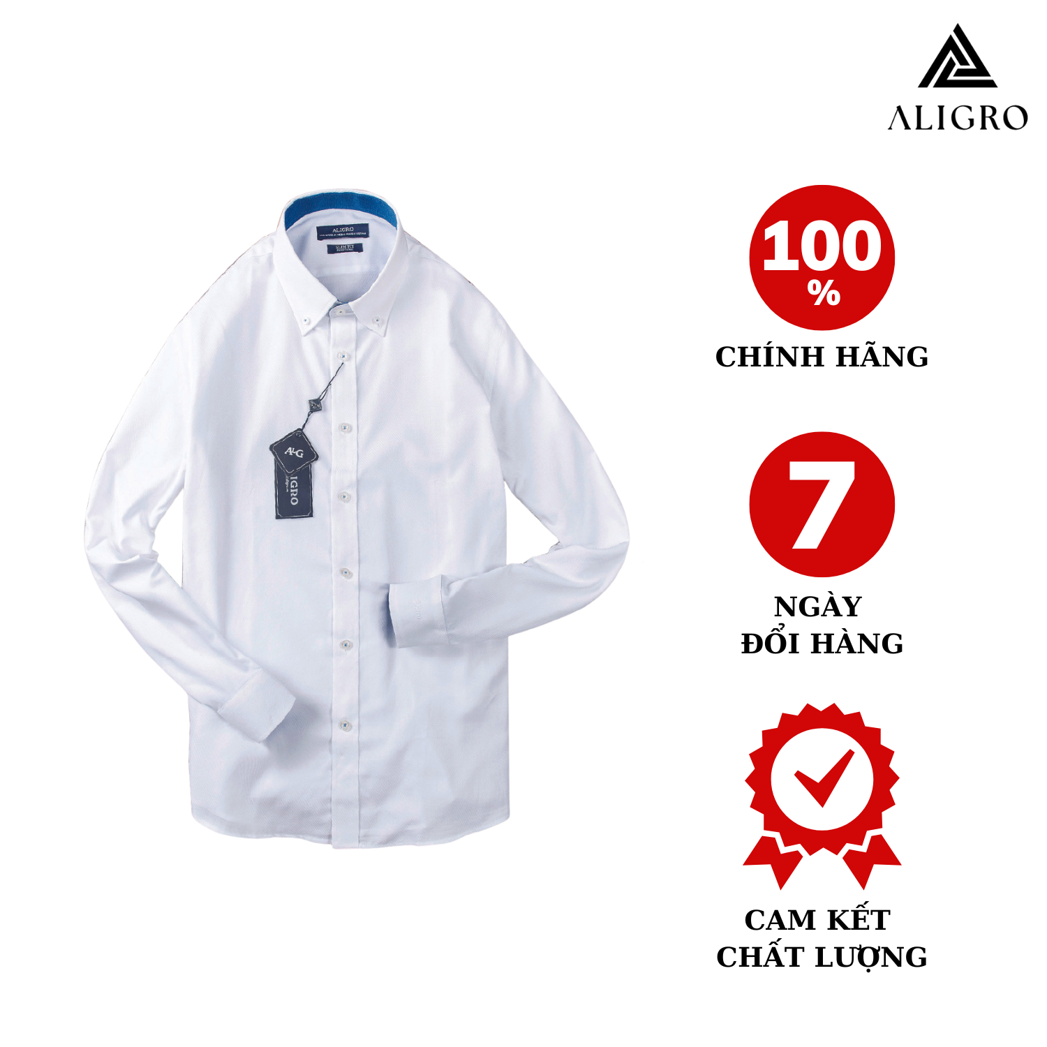 Áo sơ mi nam dài tay ALIGRO 100% chất cotton cổ bẻ dáng ôm body, màu trắng phối cổ ALGS189
