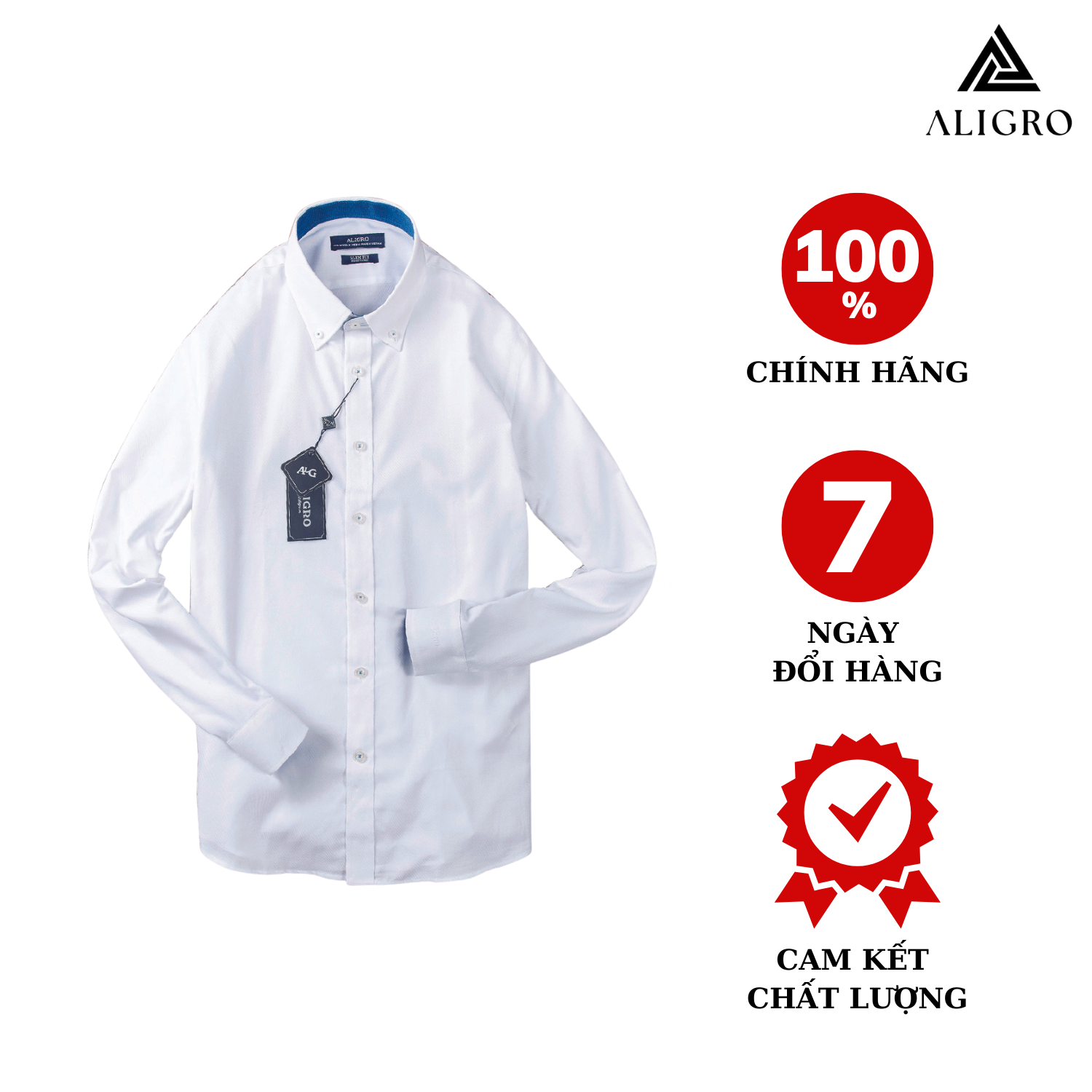 Hình ảnh Áo sơ mi nam dài tay ALIGRO 100% chất cotton cổ bẻ dáng ôm body, màu trắng phối cổ ALGS189