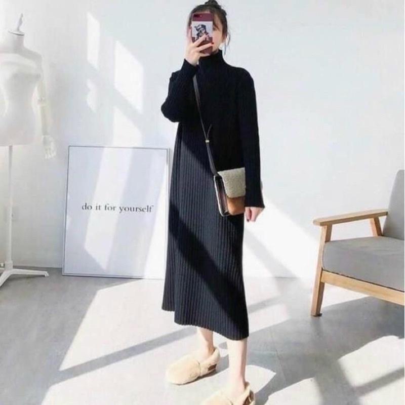 Váy len cổ lọ dáng dài màu đen