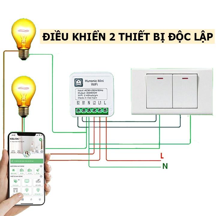 Công tắc Wifi Hunonic Mini 2 kênh 500W/kênh - LẮP SAU CÔNG TẮC ÂM TƯỜNG - Điều khiển từ xa bằng điện thoại