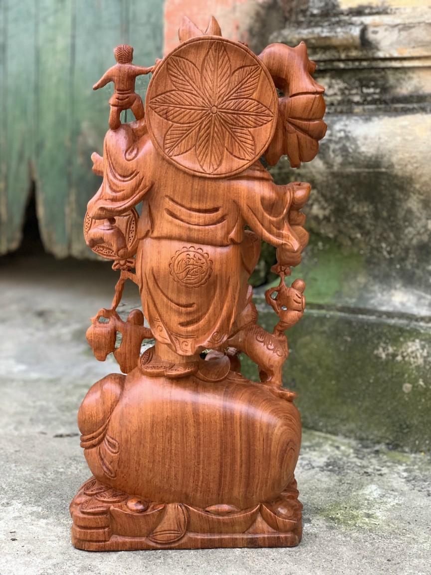 Tượng phật di lặc ngũ phúc bằng gỗ hương đá liền khối kt 60×28×16cm
