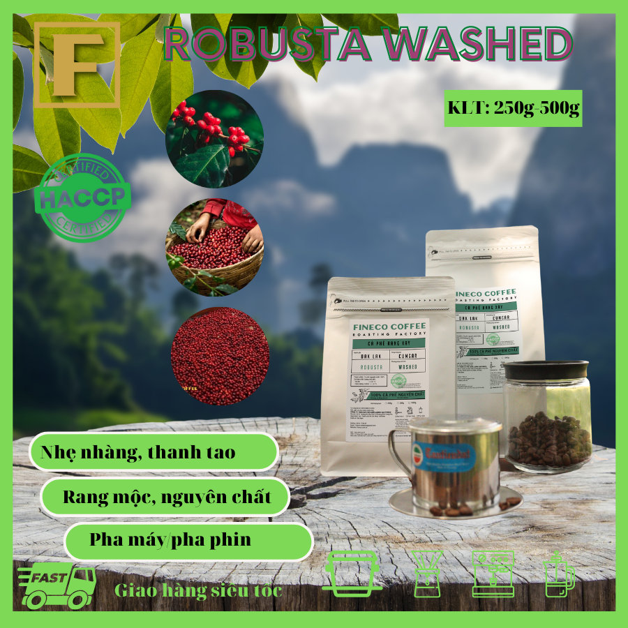 Robusta Washed - Hương vị tao nhã, đắng nhẹ, hậu ngọt - Cà phê pha phin/ Pha máy |250 - 500gr|