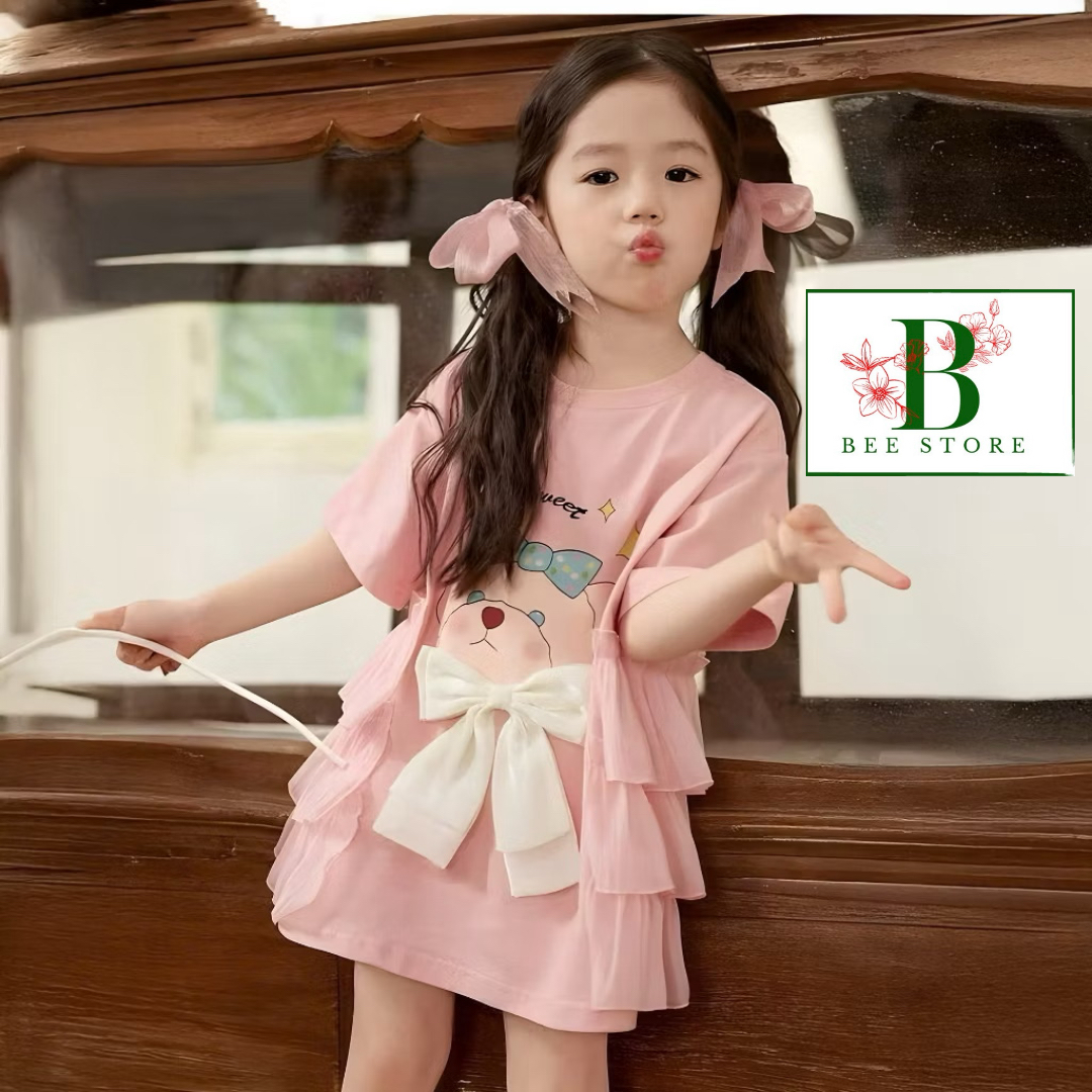 Đầm Công Chúa – Đầm Dự Tiệc Bèo Tầng In Thỏ Gấu , Nơ Bản To Từ 10-36 kg Dành Cho Bé Gái
