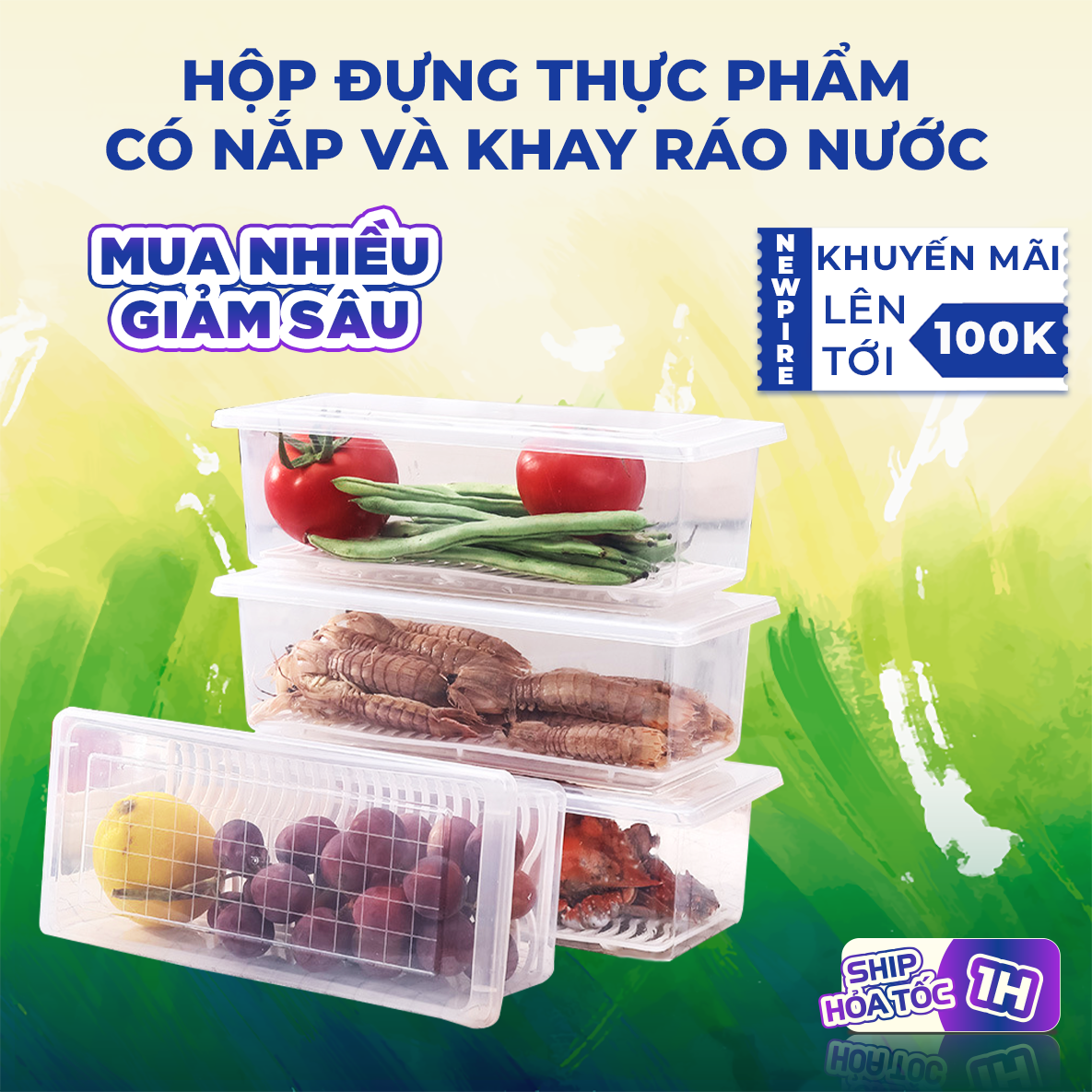 Hộp Nhựa Đựng Thực Phẩm Có Khay Ráo Nước, Trong Suốt Chất Liệu Nhựa PP An Toàn Vệ Sinh Thực Phẩm, Bảo Quản Lâu Hơn