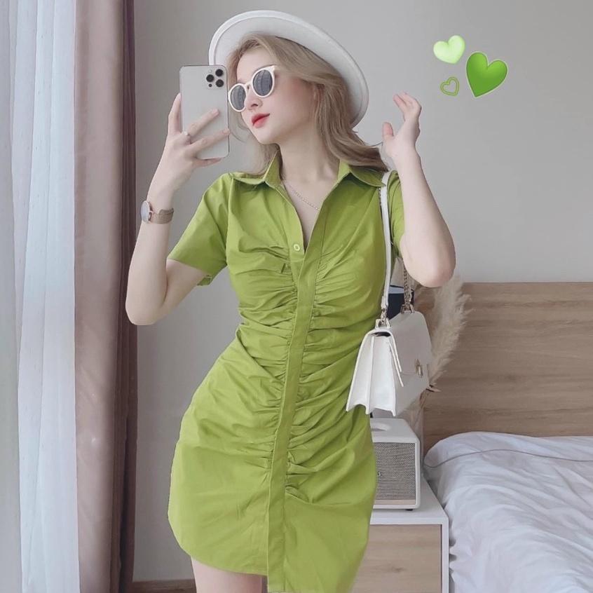 Đầm sơ mi nữ thời trang thiết kế nhún eo cài nút