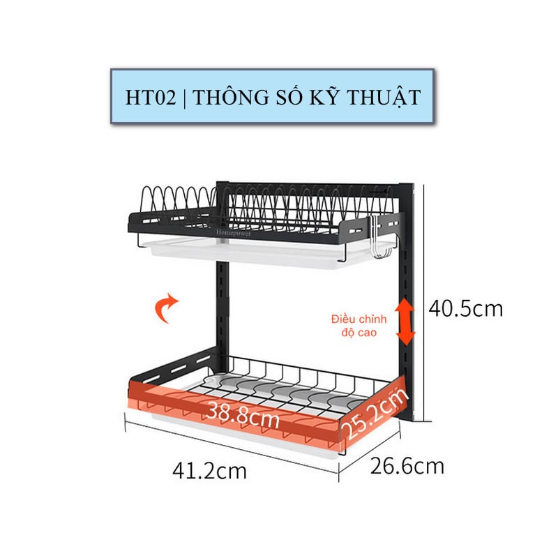 Kệ Để Chén Bát Treo Tường Đa Năng Homepower Inox 201 Sơn Tĩnh Điện Cao Cấp, Có Khay Hứng Nước, Lồng Đũa, Khay Để Dao Kéo Tiết Kiệm Không Gian Bếp, Tặng Kèm 3 Móc Treo Tiện Lợi - Hàng Chính Hãng