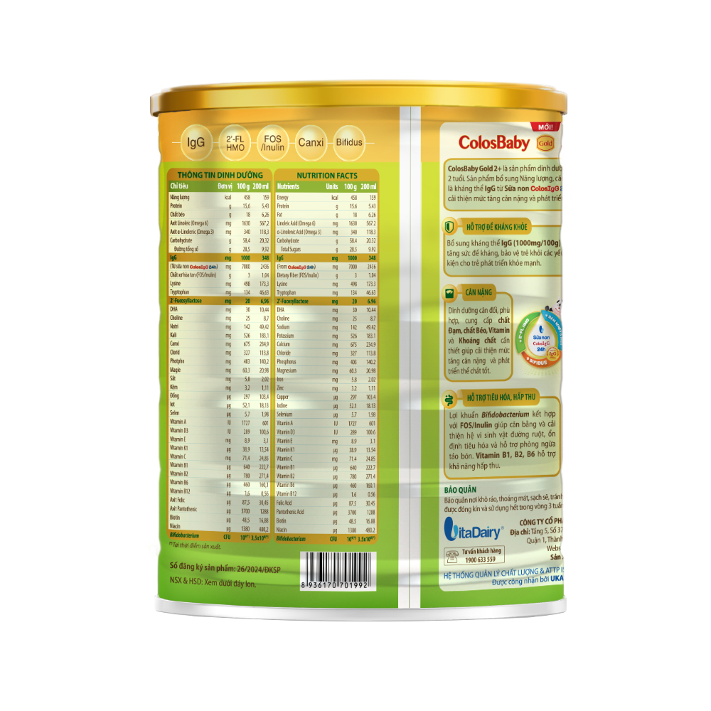 Sữa non Colosbaby Gold (MỚI) 2+ 800g, sữa bột giúp bé tăng cường đề kháng, tăng cân vượt trội - VitaDairy