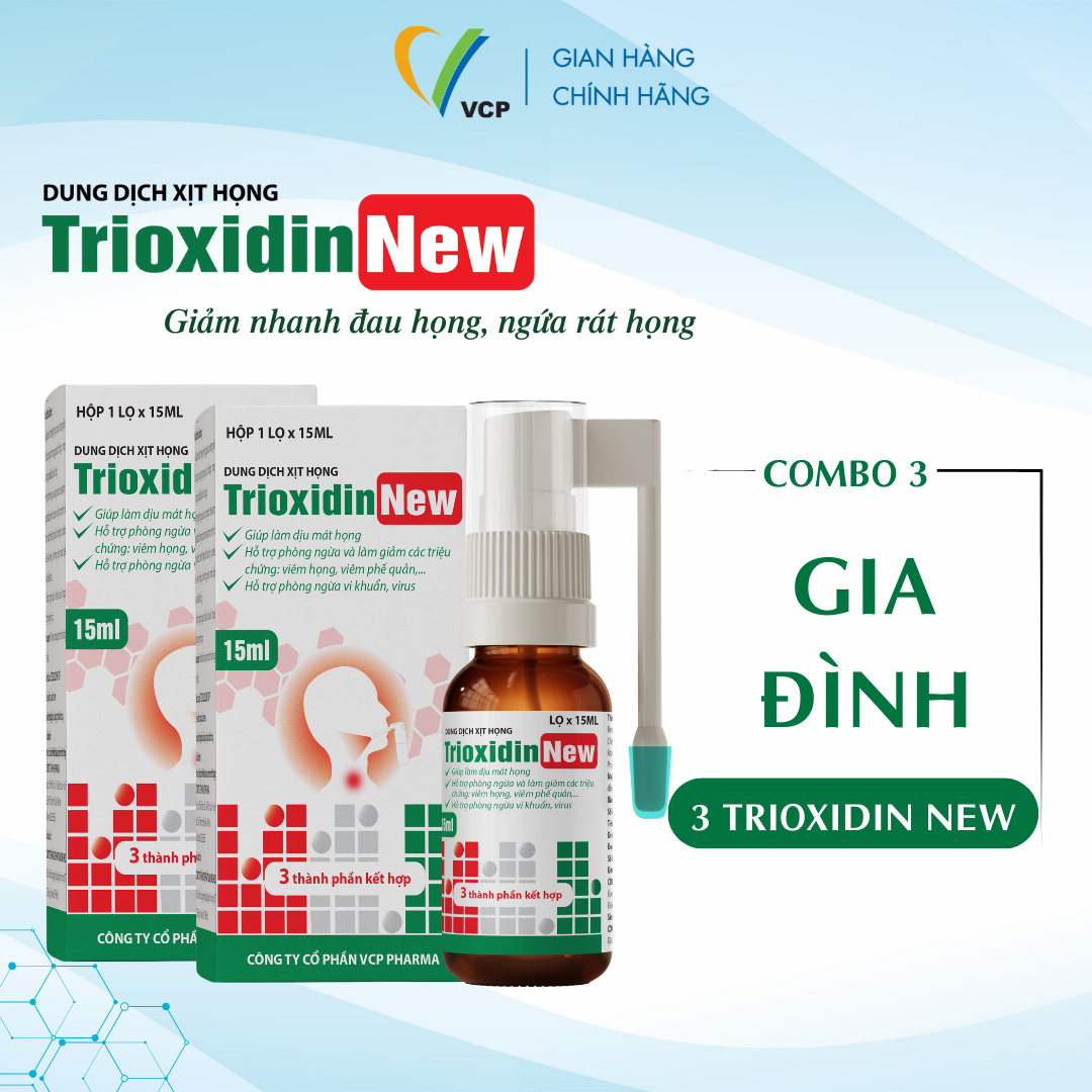 [COMBO 3 LỌ] Xịt Họng Trioxidin New VCP Pharma - Hỗ Trợ Giảm Các Triệu Chứng Ho, Đau Họng, Ngứa Rát Họng - Chai 15ml