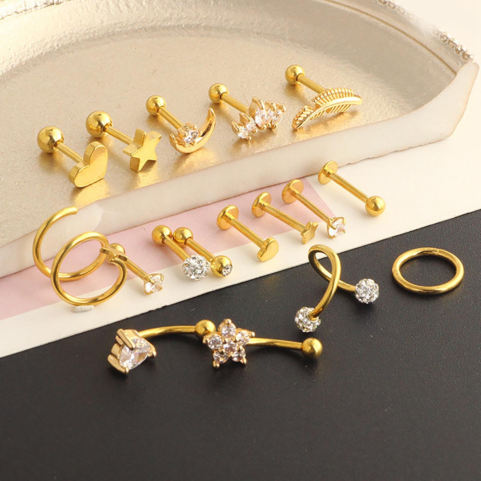 17Pcs Stainless Steel Earrings Set, Piercing Studs Piercing Jewelry, Earring Hoops, Barbell Stud, Heart Star Moon Earrings Hoop Stud Gifts