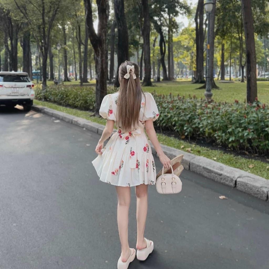 Váy đầm nữ dáng xòe cổ V tay bồng cột nơ họa tiết hoa xinh xắn