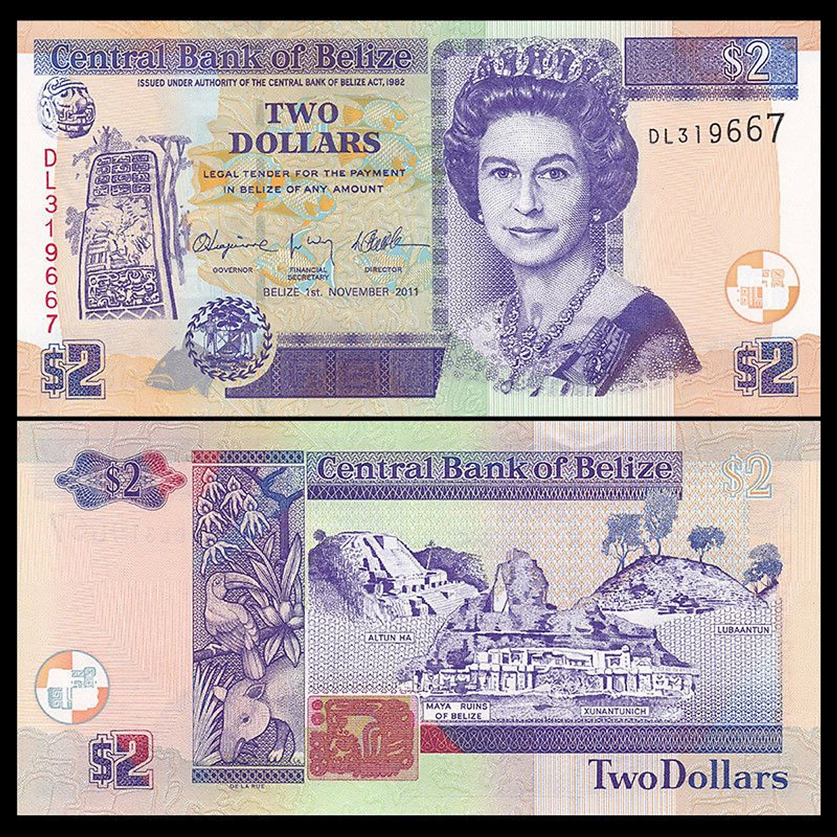 Tiền Belize 2 dollars Nữ hoàng Elizabeth II, trước đây là Honduras thuộc Anh - Tiền mới keng 100% - Tặng túi nilon bảo quản