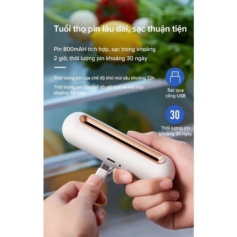 MáyKhử Mùi TủLạnh Mini Tích Hợp Oozone – Lọc Khônng Khíi &amp; Diệt Khuẩn Hiệu Quả đèn trợ sáng