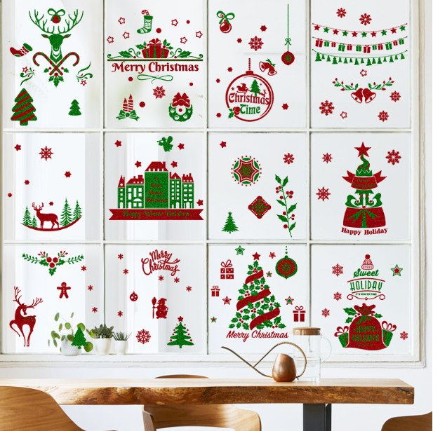 Decal dán tường - hít tĩnh điện - nhiều chi tiết xanh đỏ Noel độc đáo