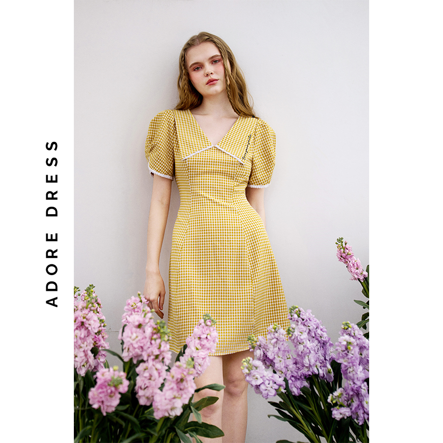 Đầm mini dress thô mềm karo vàng thêu cổ 311DR1096 ADORE DRESS