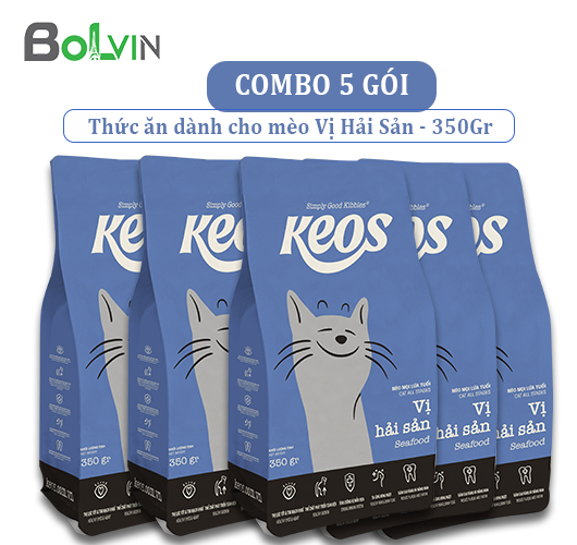 Combo 5 gói 350Gr Thức ăn hạt KEOS vị hải sản dành cho mèo mọi lứa tuổi -KEOS Seafood 350gr