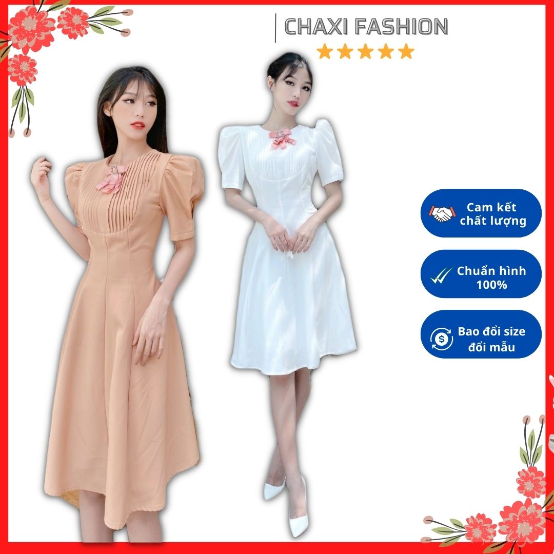 Đầm xòe tay phồng ngực xếp ly kèm phụ kiện hoa cài siêu xinh - VN402251 - Hàng thiết kế cao cấp