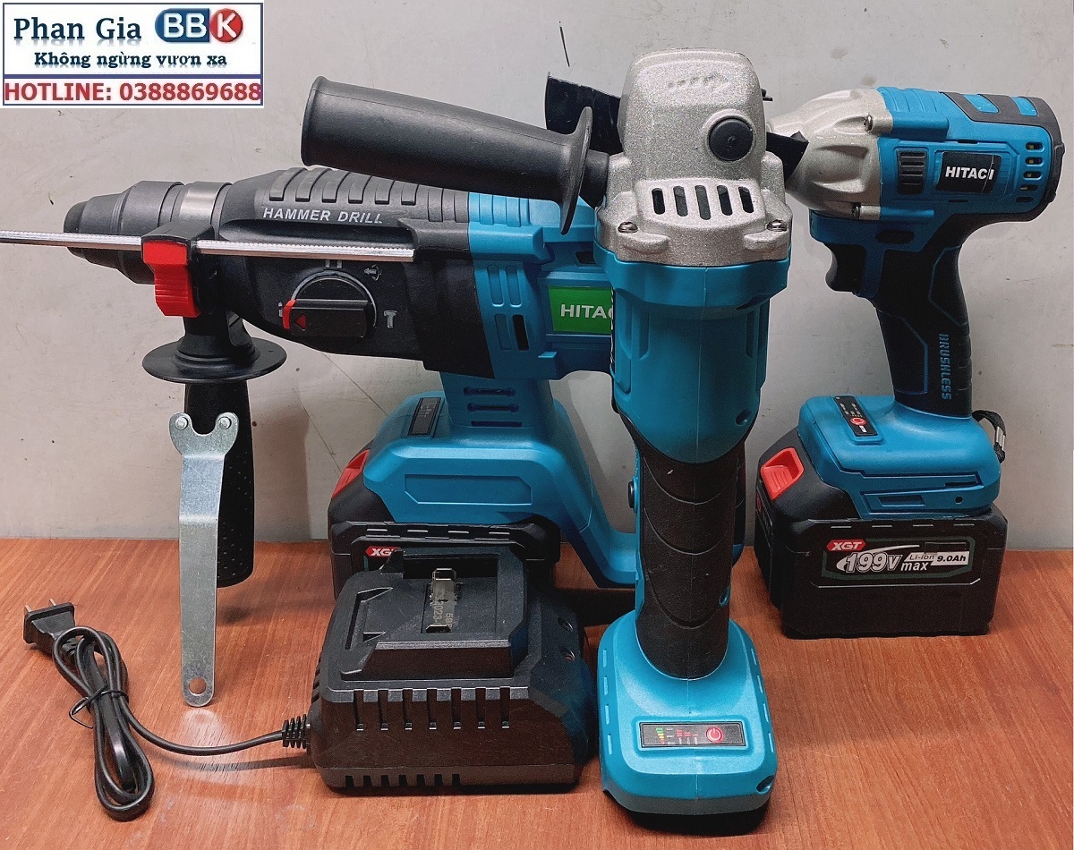 Bộ Combo 3 Trong 1 Gồm Máy Khoan Đục Bê Tông, Máy Mài Và Máy Siết Bulong Dùng Pin 199V 15 Cell, Lõi Đồng 100%, Động Cơ Không Chổi Than - Bảo Hành 1 Năm