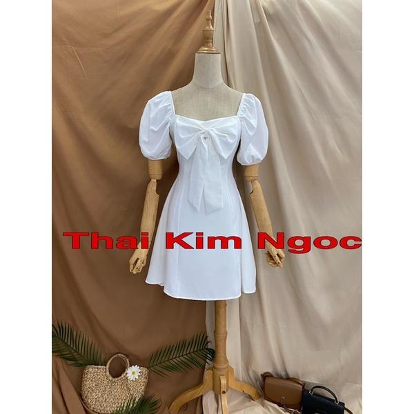 Đầm cổ vuông tay phồng nơ to xinh ngất ngây