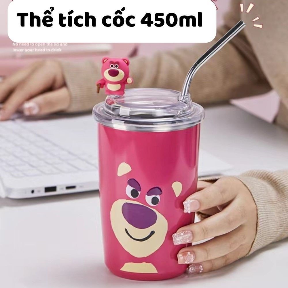 Ly Giữ Nhiệt Inox Hình Gấu Hồng StrawBerry 450Ml Kèm Ống Hút Inox
