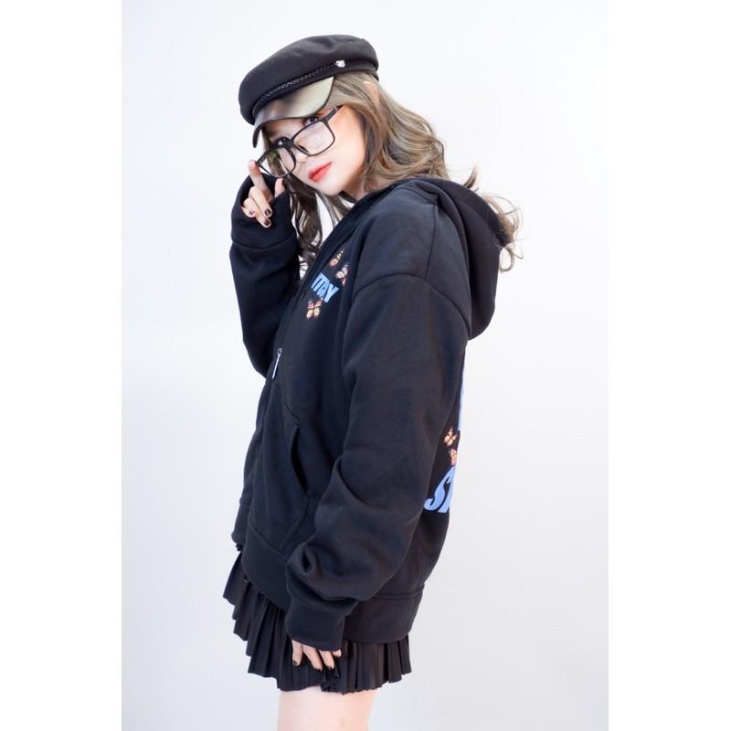 Áo khoác nữ nỉ bông hàng qc form rộng unisex hàng qc khoá zip in TUS.N BƯỚM - CANDA 3357