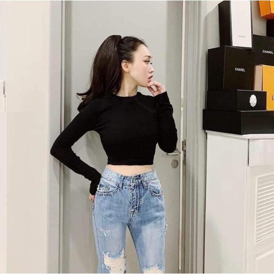 Áo croptop tay dài Basic JOY BABE❤️ thun nhập cao cấp tôn dáng co giãn 4 chiều áo kiểu nữ trắng đen trơn crop CROD 1 -2E