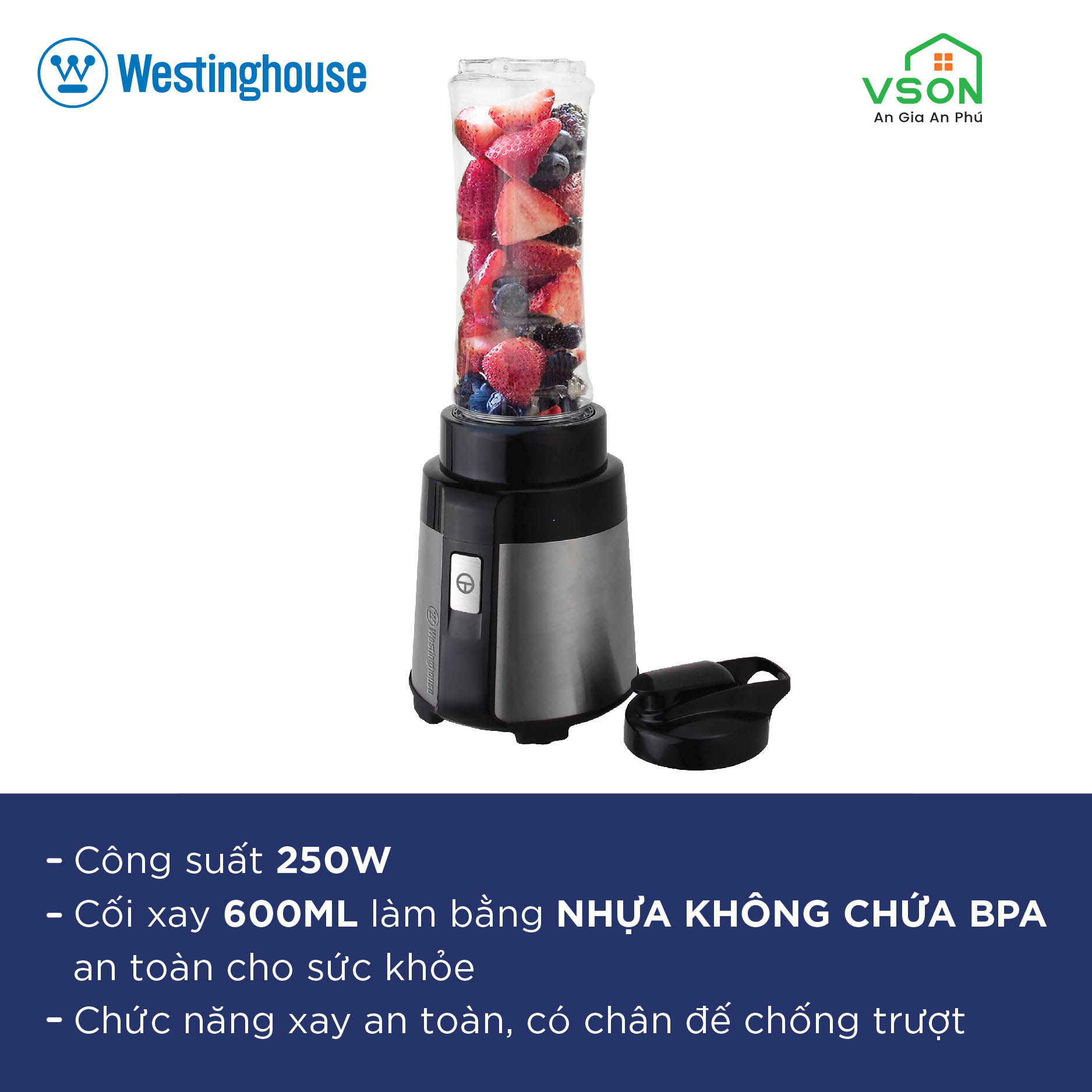 Máy xay sinh tố mini Westinghouse WKBE09GY Dung tích 600ML Công suất 250W - Hàng chính hãng Mỹ