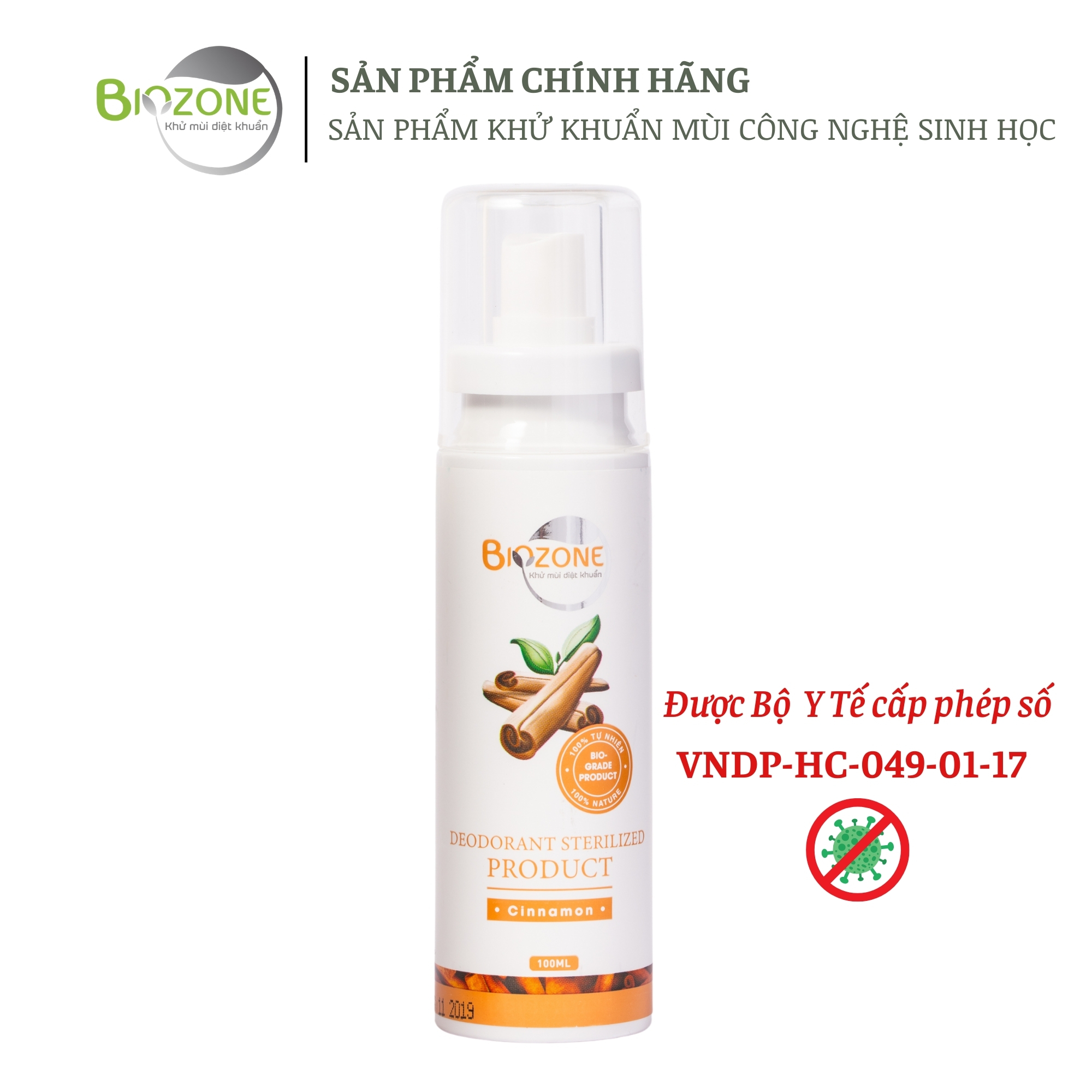 Chai xịt khử mùi và diệt khuẩn Công nghệ sinh học BioZone thành phần 100% Tự nhiên mùi Quế dung tích 100ml An toàn cho trẻ em, hiệu quả tức thời