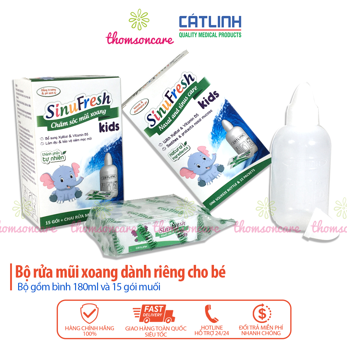 Bình rửa mũi cho bé Sinufresh Kids Cát Linh - Chai 180ml tặng kèm 15 gói muối nano - Dụng cụ có van điều chỉnh