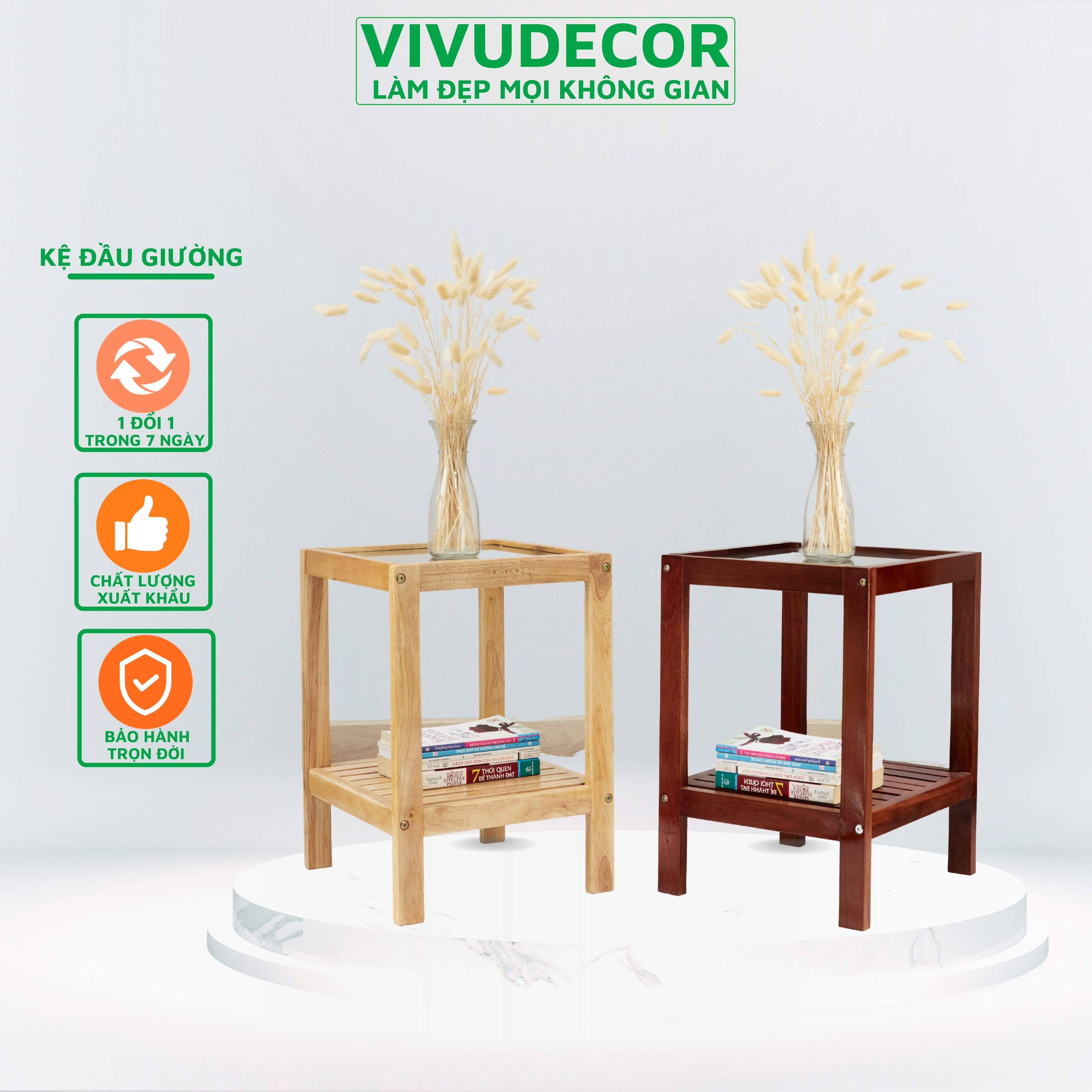 Kệ đầu giường VIVUDECOR KD02 100% gỗ tự nhiên