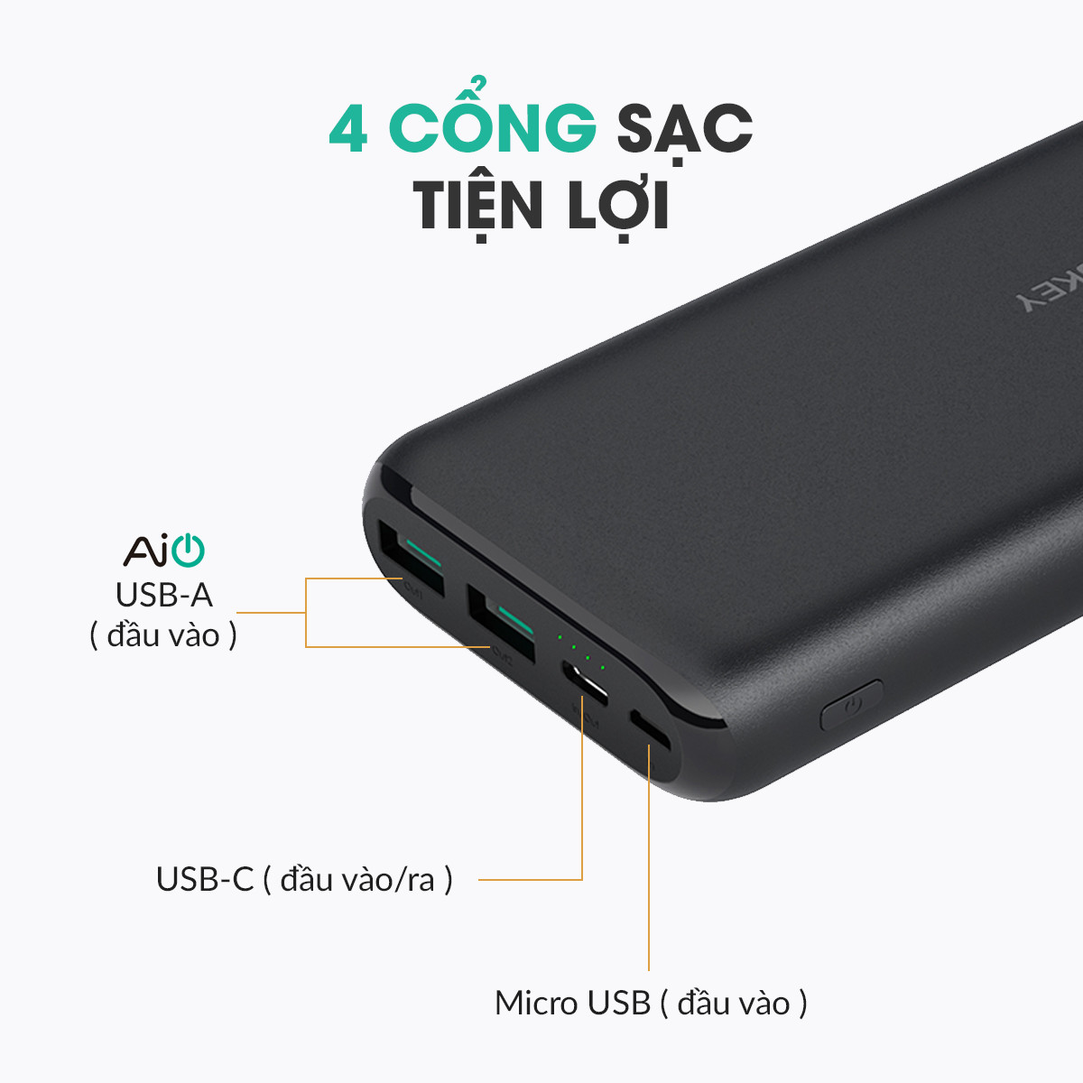 Pin Sạc Dự Phòng 20000mAh Aukey PB-XN20 2 Cổng AiPower  Tích Hợp Cổng Type C In/Out 15W - Hàng Chính Hãng