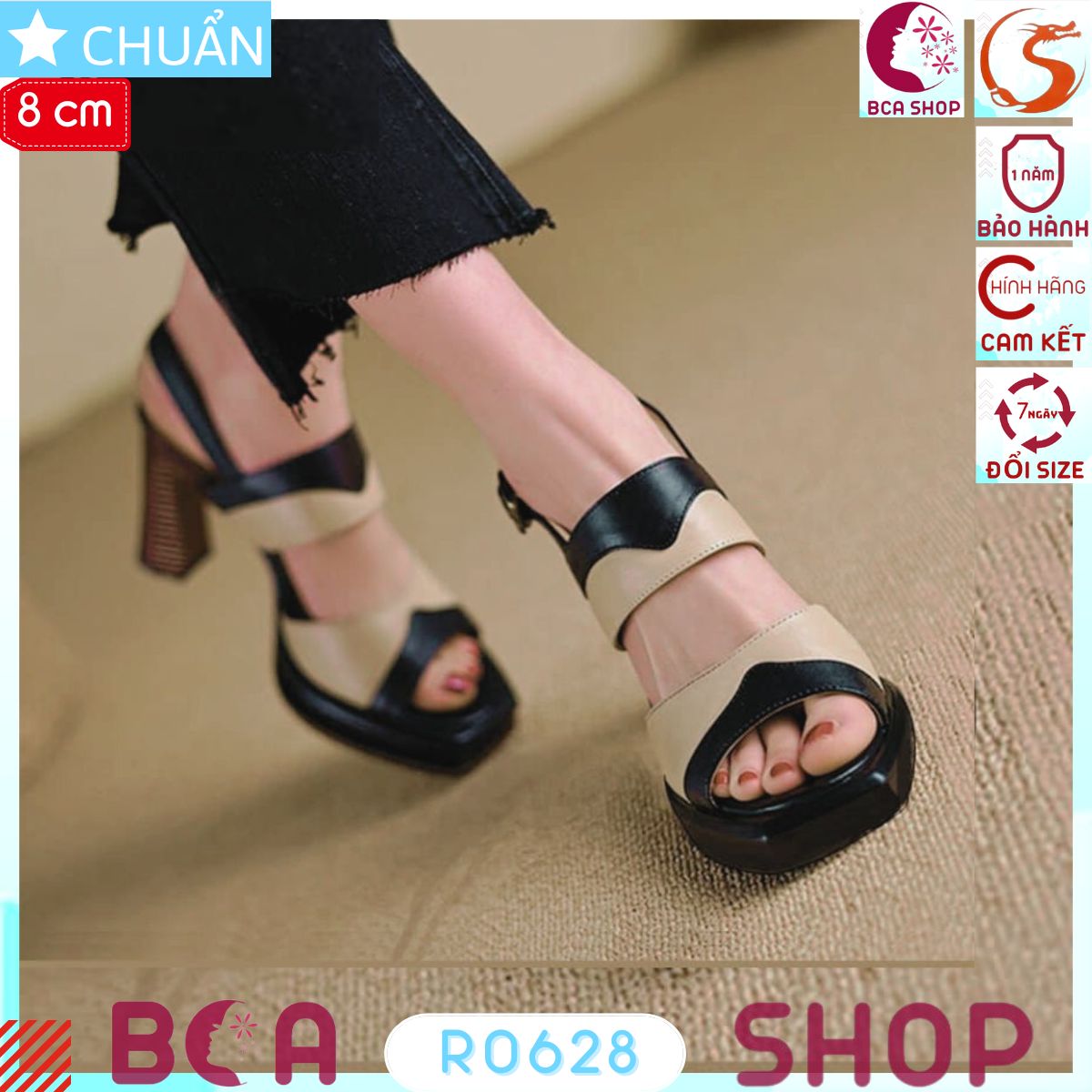 Xăng đan cao gót nữ phối màu 8 phân RO628 ROSATA tại BCASHOP gót kiểu gỗ nhìn sang và độc lạ, quai sau cài tiện lợi