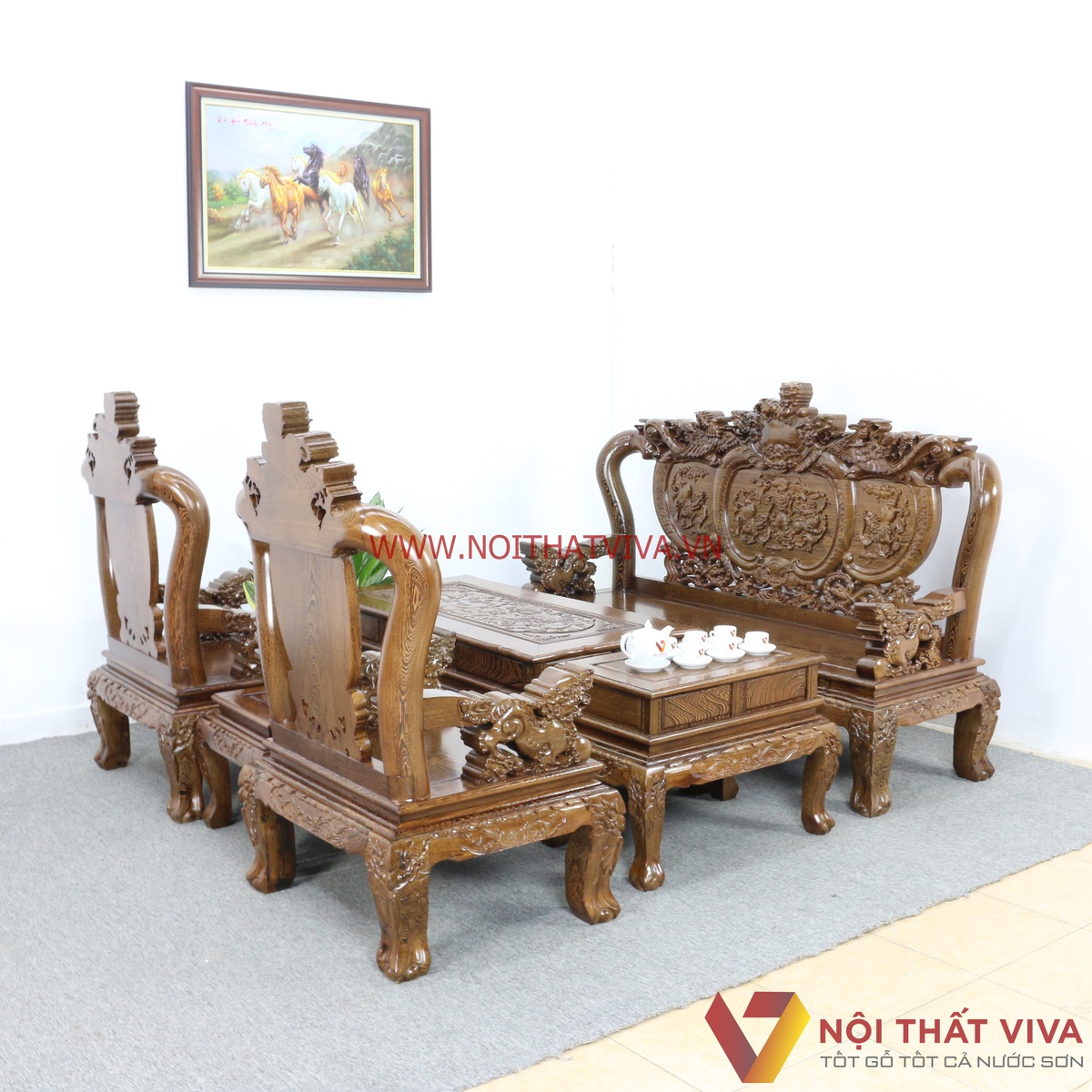 Bộ  Bàn Ghế Salon Gỗ Mun Tay 10 Chạm Nghê 6 Món Cao Cấp Sang Trọng