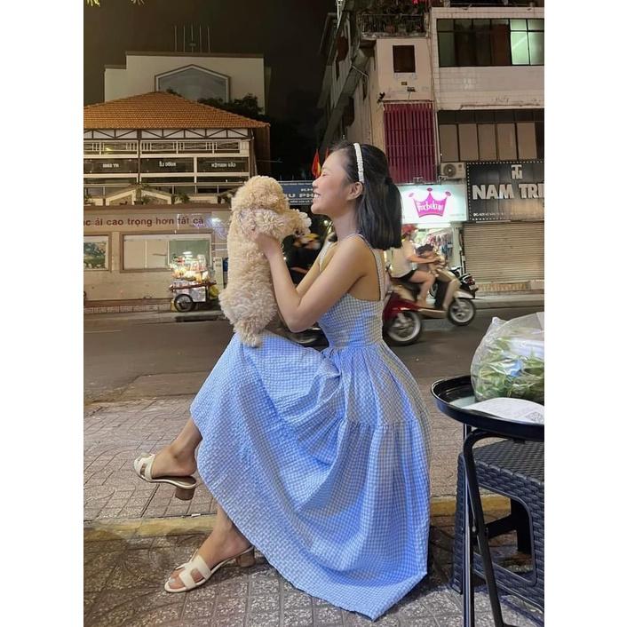 Đầm 2 dây to dáng dài tiểu thư, váy bầu bí đi biển tầng xoè vải kẻ xốp siêu xinh đẹp