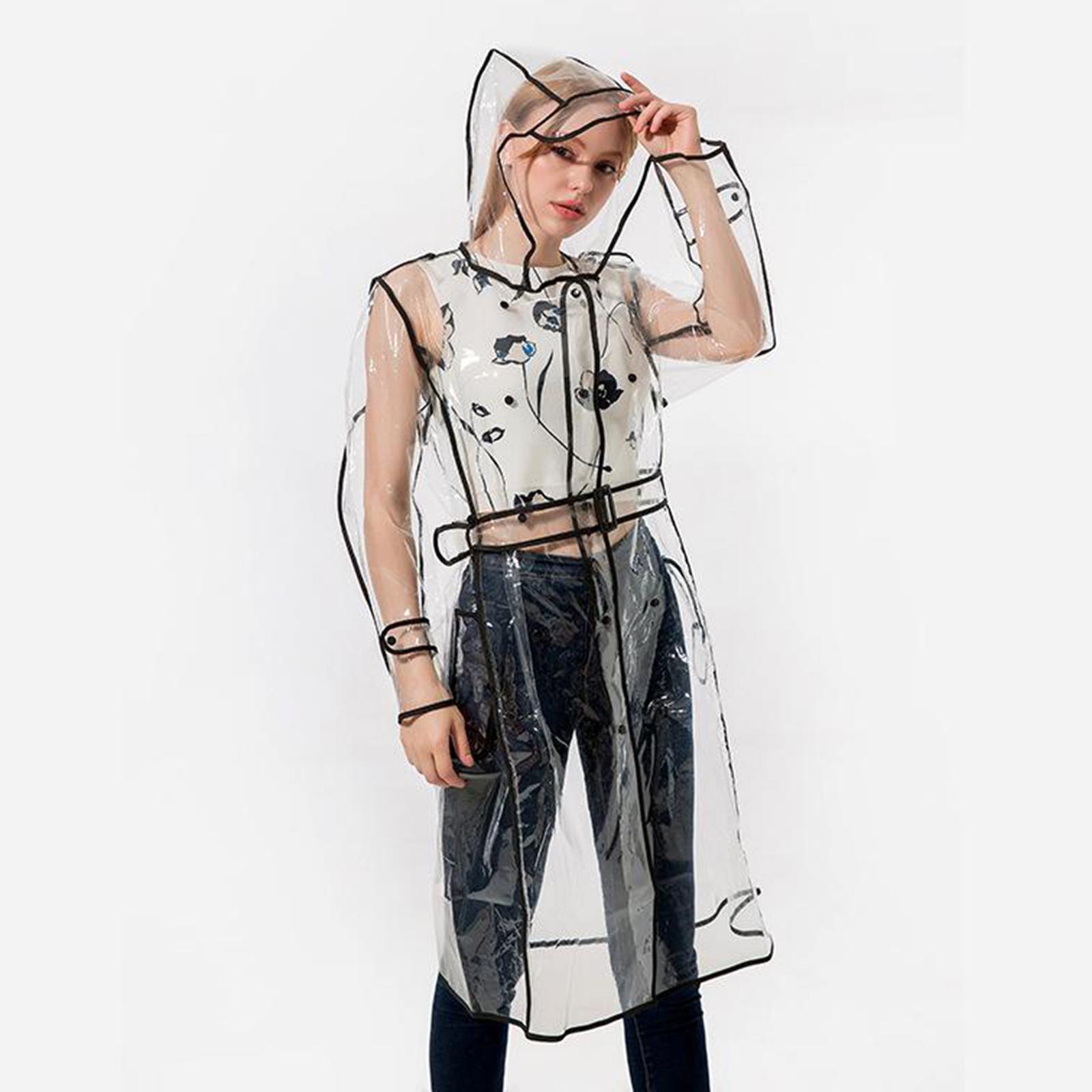 Ladies Girls Transparent Clear Waterproof Raincoat Rain Poncho Jacket Wind Coat