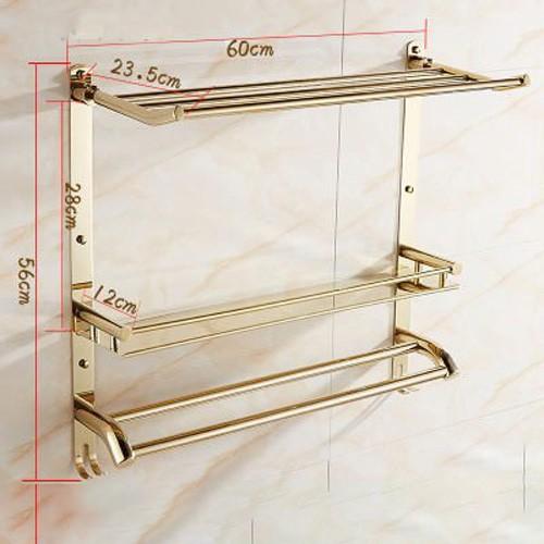 Kệ phòng tắm 3 tầng dài 60cm để đồ và treo khăn tắm có móc treo đồ - Kệ gắn tường nhà tắm, phụ kiện nhà tắm đa năng