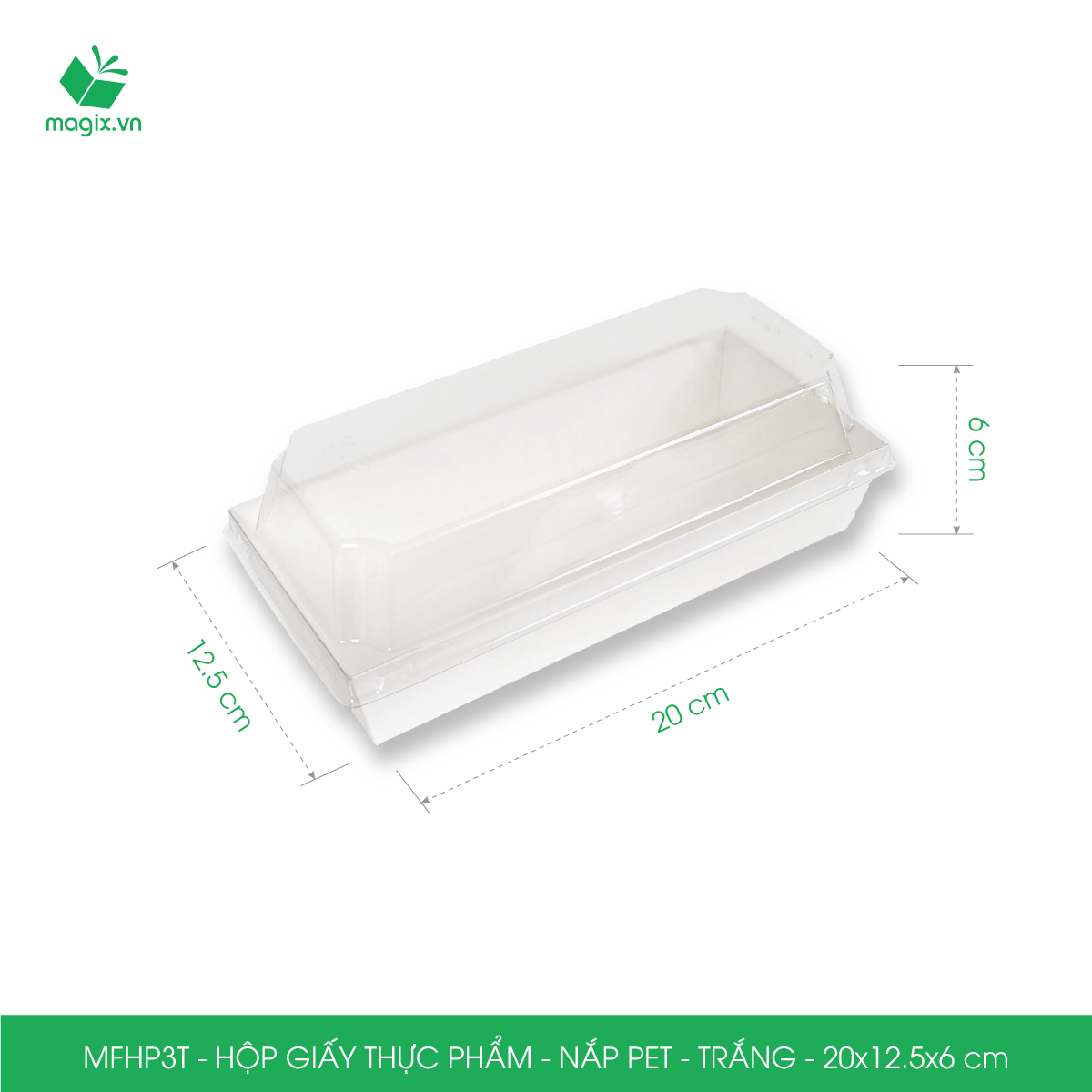 MFHP3T - 20x12.5x6 cm - 25 hộp giấy thực phẩm màu trắng nắp Pet, hộp giấy chữ nhật đựng thức ăn, hộp bánh nắp trong