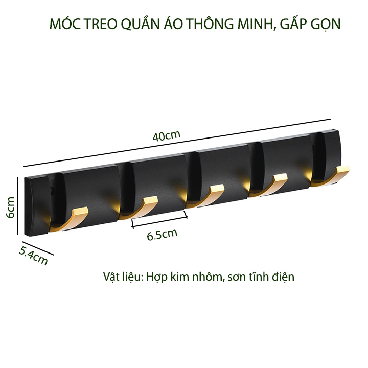 Thanh 5 móc treo quần áo thông minh gấp gọn bằng hợp kim nhôm sơn tĩnh điện, bền và sang trọng