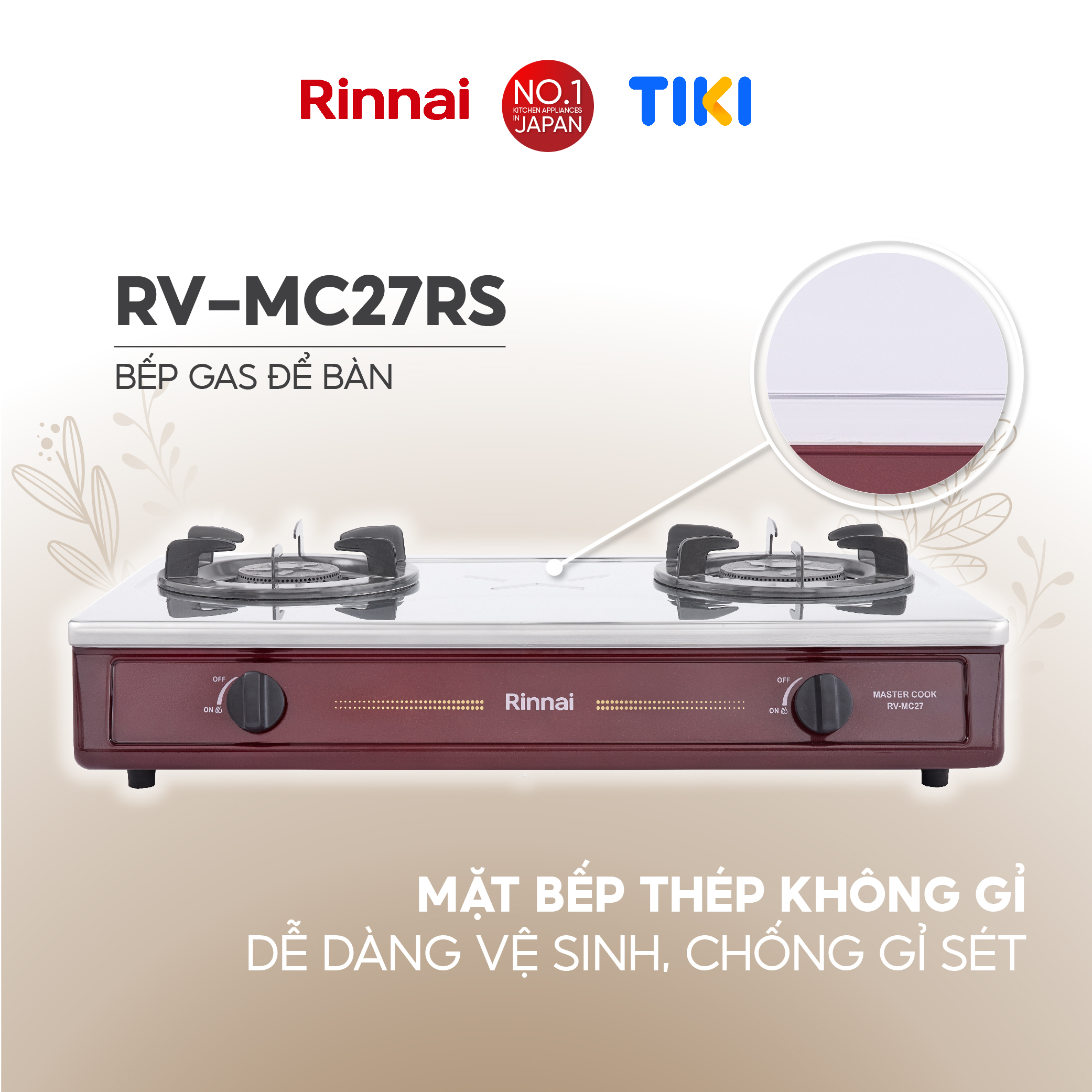 Bếp gas dương Rinnai RV-MC27RS mặt bếp inox và kiềng bếp men - Hàng chính hãng