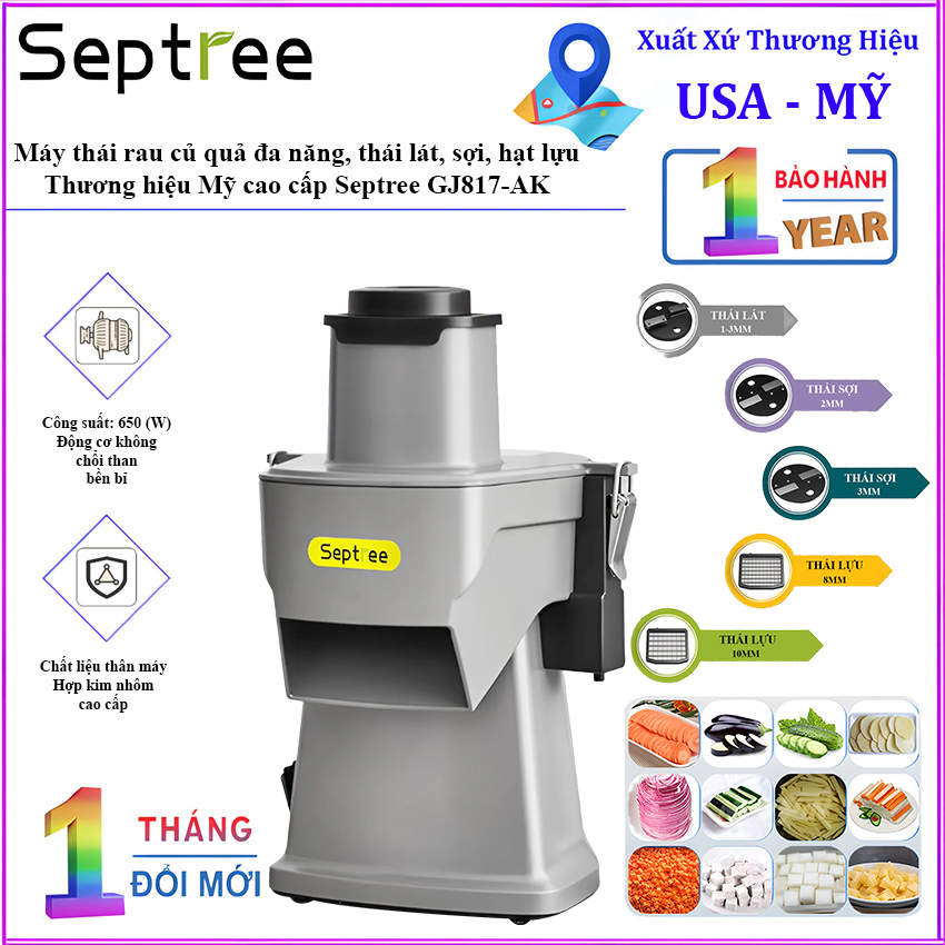 Máy thái rau củ quả đa năng, thái lát, thái sợi, thái hạt lựu. Thương hiệu Mỹ cao cấp Septree GJ807K. Hàng chính hãng