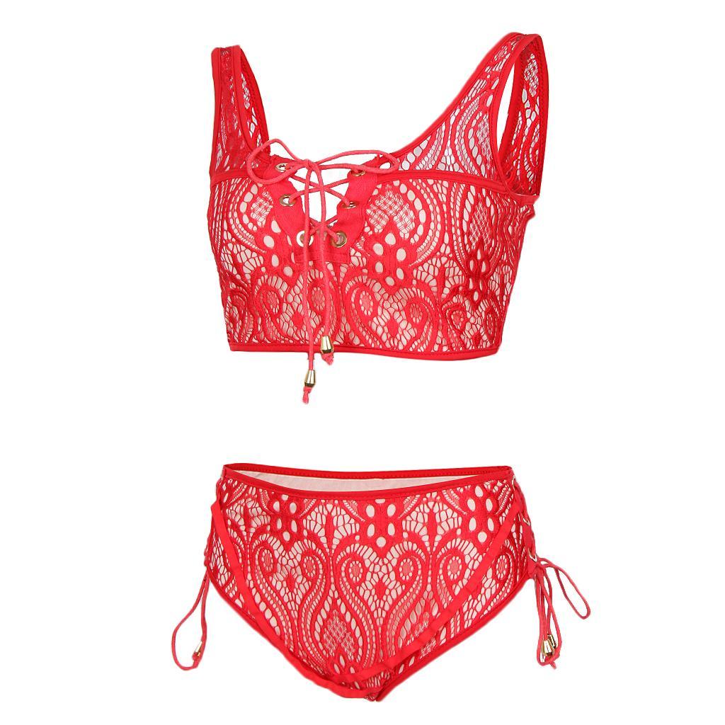 Women's High Waist Bikini Lace Up Swimwear Bikini Two Pieces Bandage Swimsuit