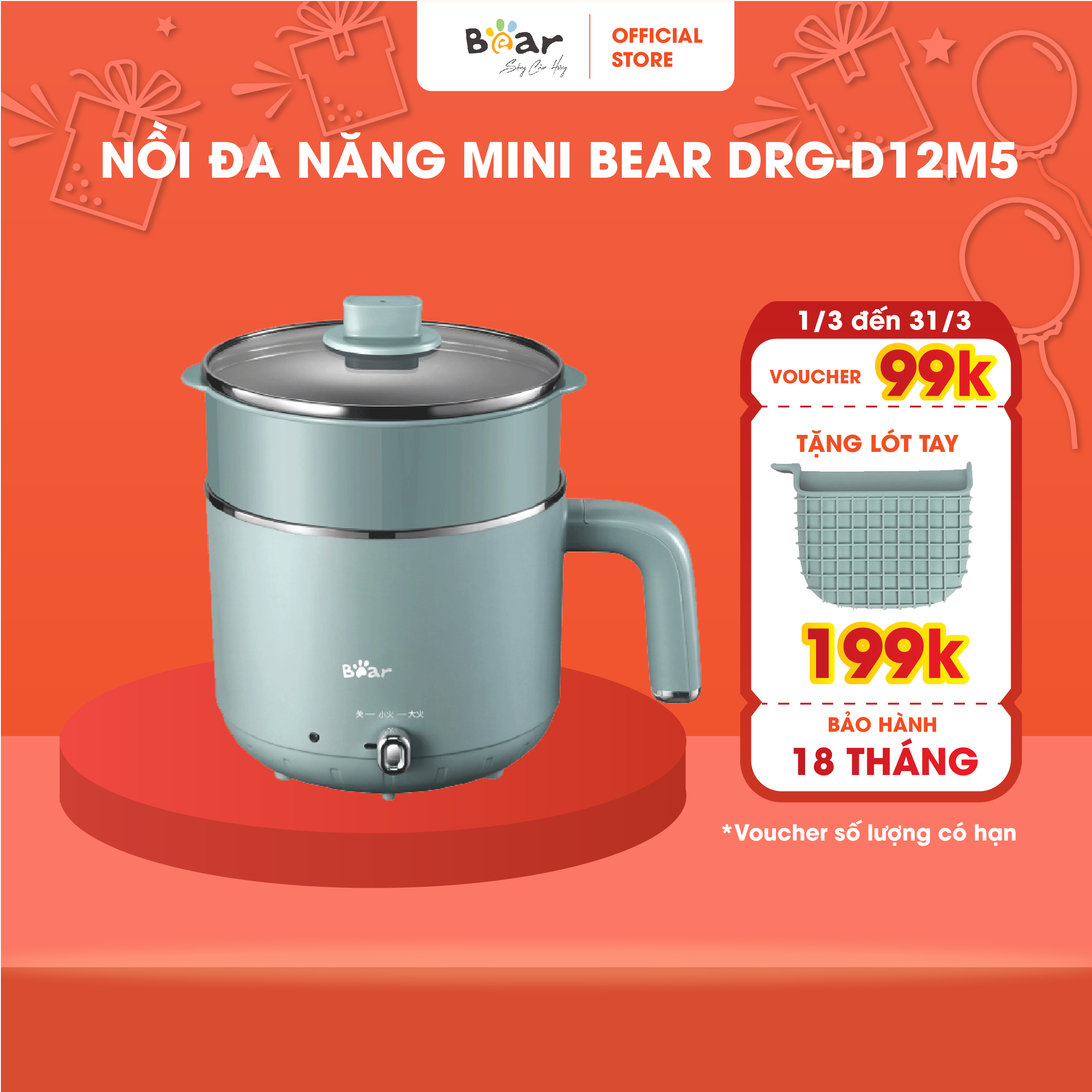 Nồi đa năng Bear DRG-D12M5 - Blue- hàng chính hãng