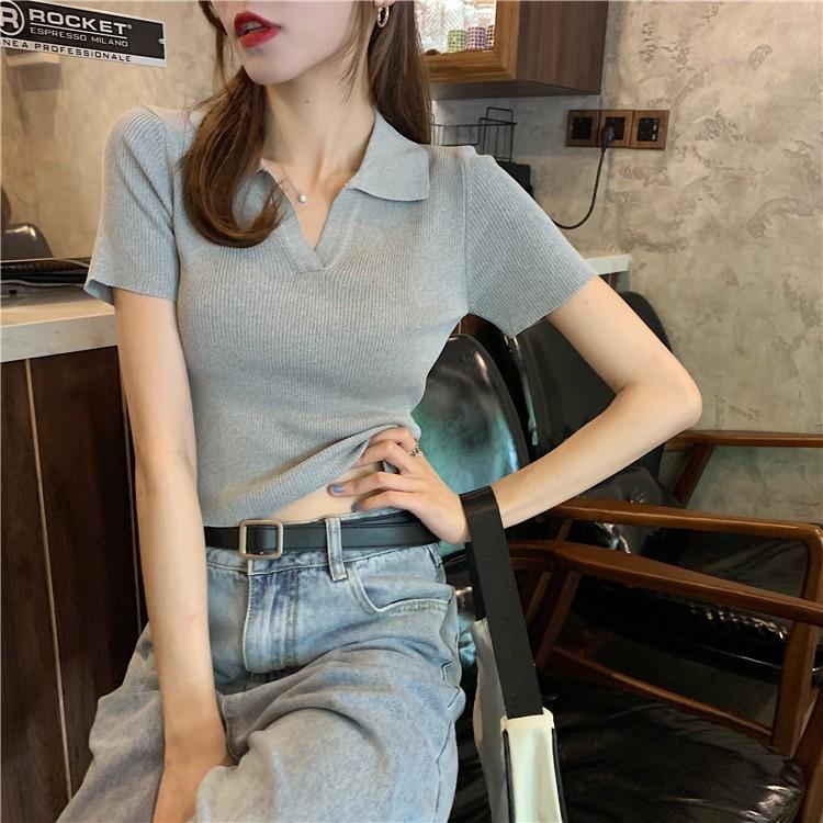 Áo Croptop Áo Polo Croptop Len Tăm Dệt Kim Cao Cấp Quảng Châu Tay Ngắn Có Cổ