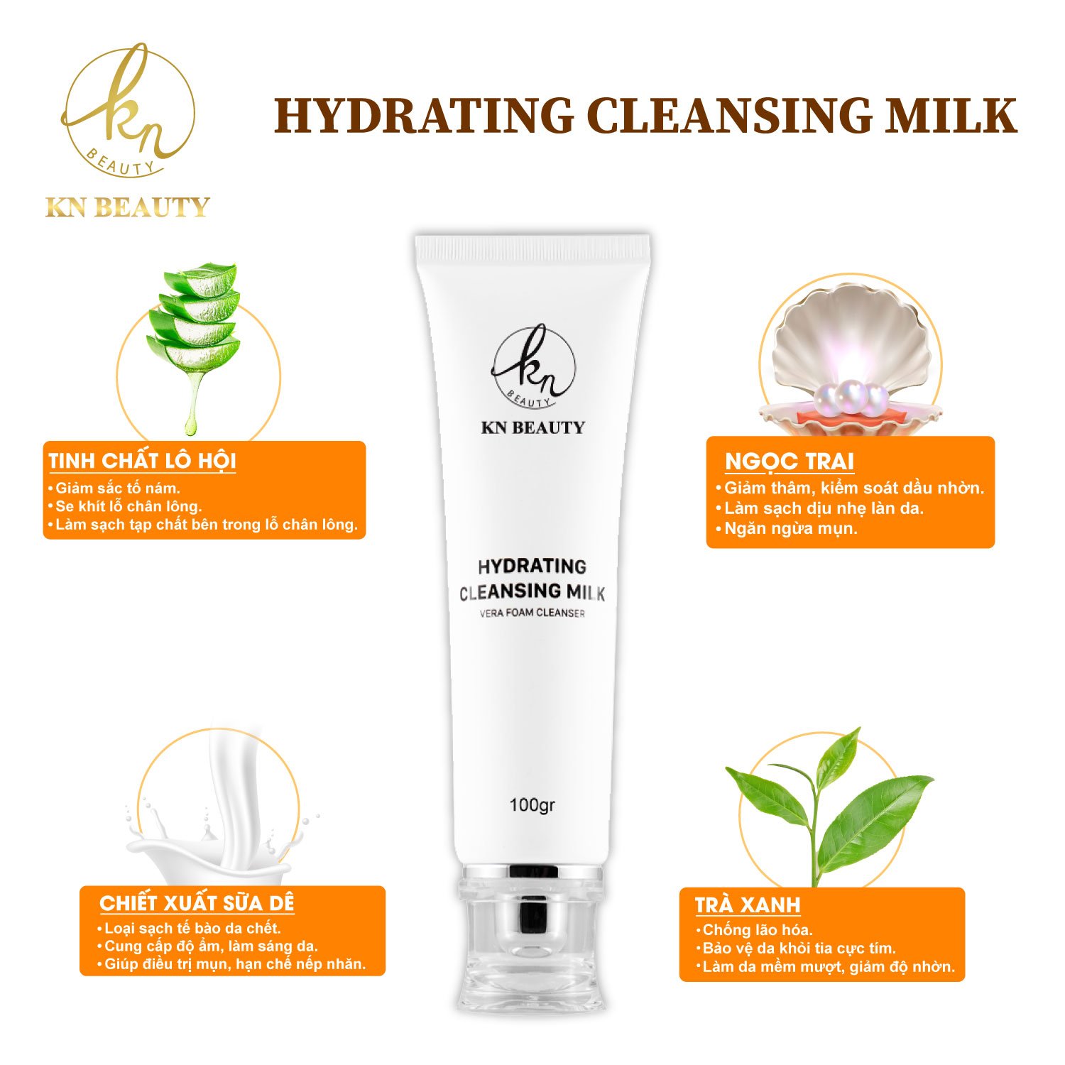 Sữa Rửa Mặt Trắng Da Ngừa Mụn KN Beauty - Hydrating Cleansing Milk 100gr - PHỤNG BEAUTY