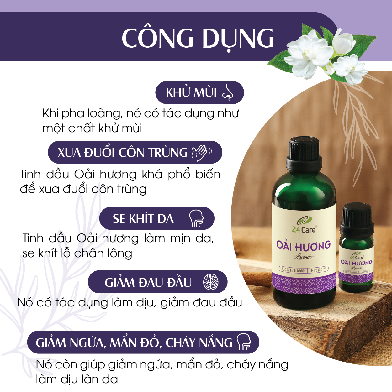 Tinh Dầu Nguyên Chất Oải hương 24Care - Tinh Dầu Xông Phòng Hoa Lavender Giúp Giảm Căng Thẳng, Đau Đầu, Thư giãn, Xua Đuổi Côn Trùng, Khử Khuẩn và Thơm Phòng