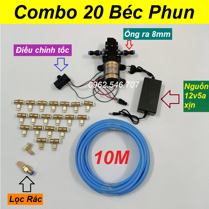 Combo máy bơm phun sương 12v áp lực cao - máy bơm nước mini 12v làm mát không khí - bơm nước việt nhật tăng áp mini